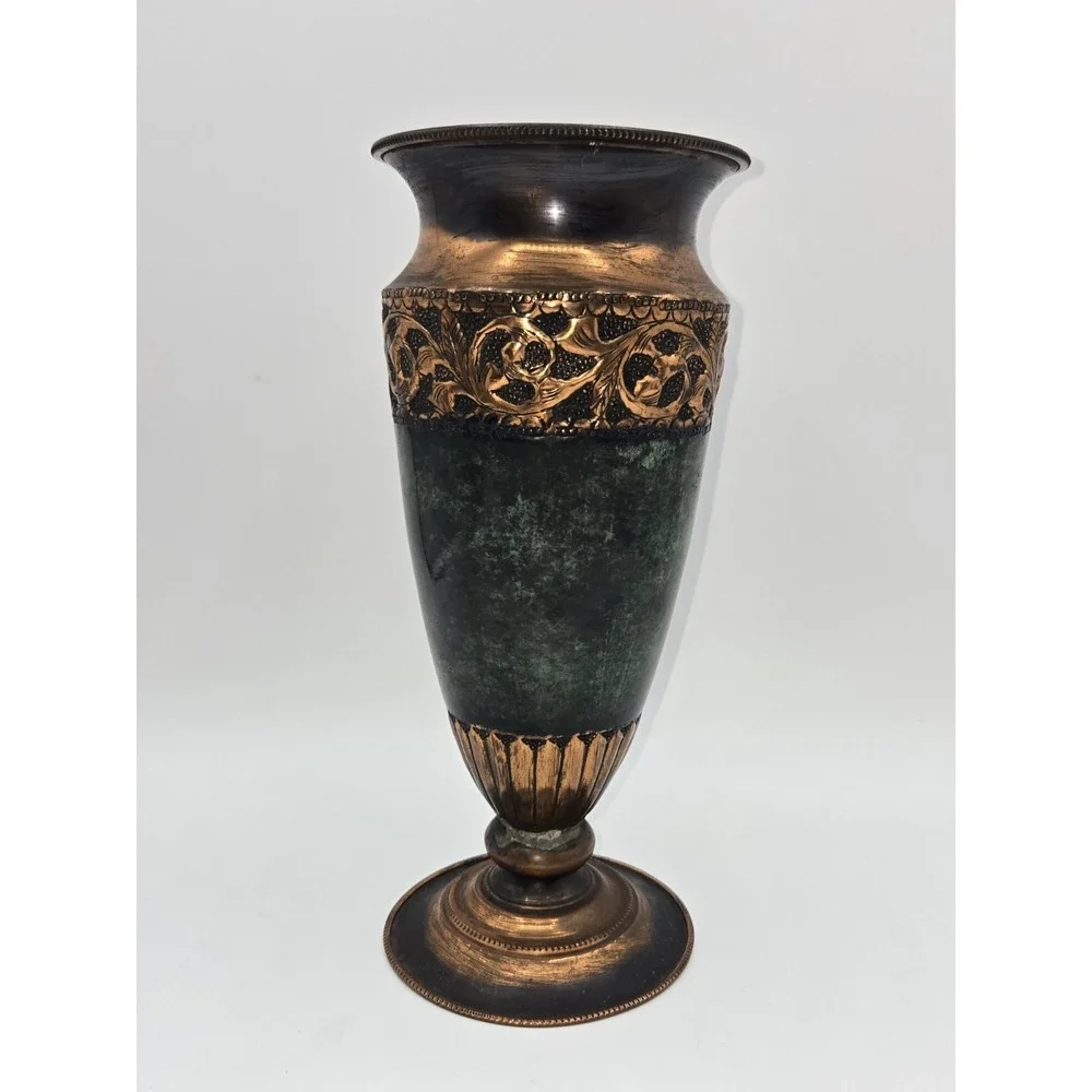 Hammered Copper Vase Israel Patina Finish Ornate Band Mid Century Decorative Urn